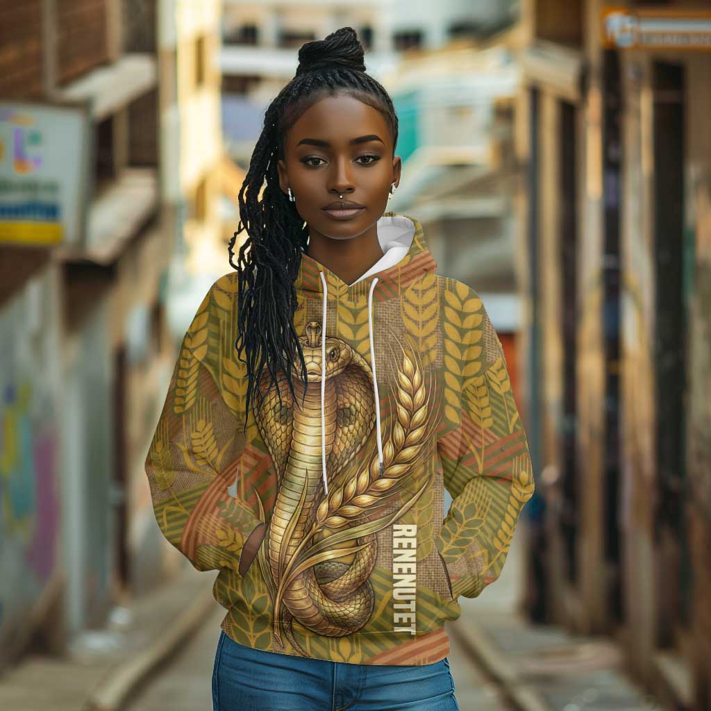 Renenutet  Golden Cobra Hoodie with Wheat Motif in Egyptian Agricultural Theme