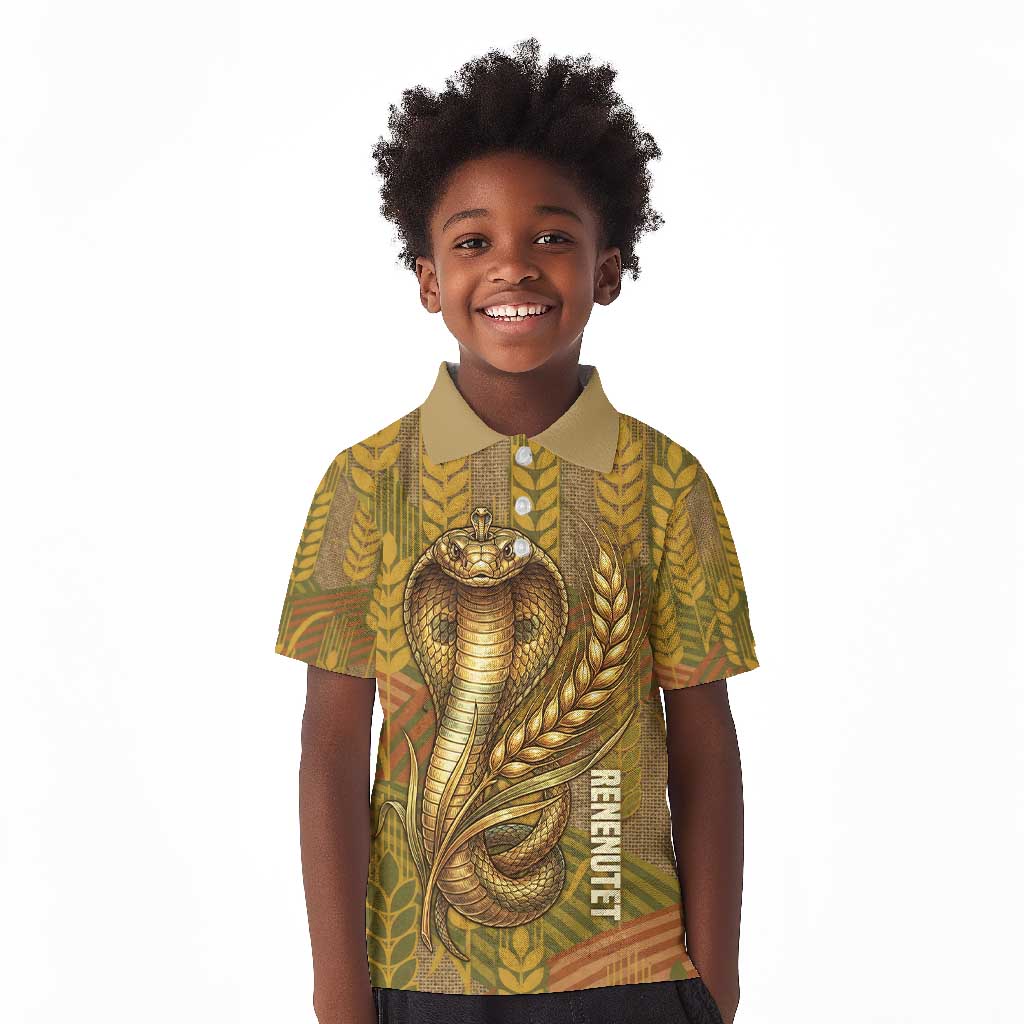 Renenutet  Golden Cobra Kid Polo Shirt with Wheat Motif in Egyptian Agricultural Theme