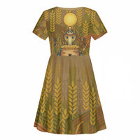 Renenutet  Golden Cobra Kid Short Sleeve Dress with Wheat Motif in Egyptian Agricultural Theme