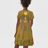 Renenutet  Golden Cobra Kid Short Sleeve Dress with Wheat Motif in Egyptian Agricultural Theme