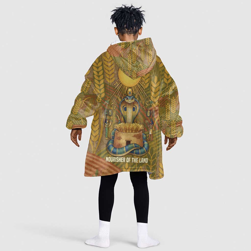 Renenutet  Golden Cobra Kid Wearable Blanket Hoodie with Wheat Motif in Egyptian Agricultural Theme