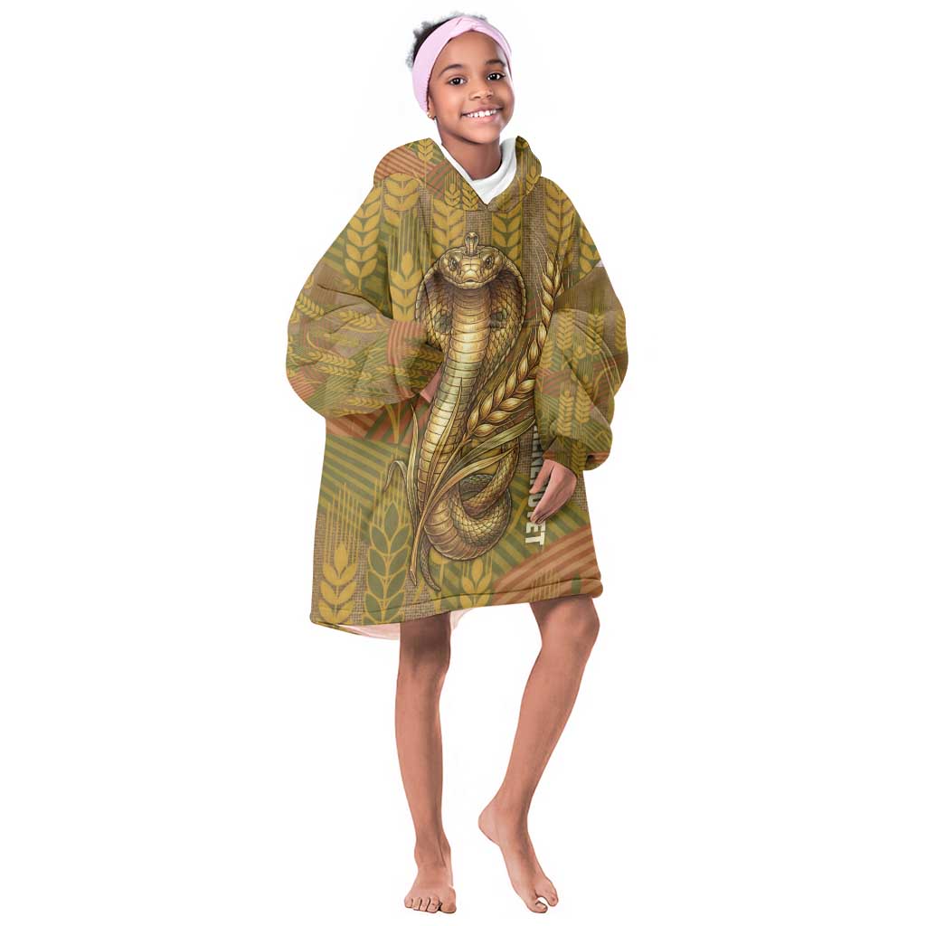 Renenutet  Golden Cobra Kid Wearable Blanket Hoodie with Wheat Motif in Egyptian Agricultural Theme
