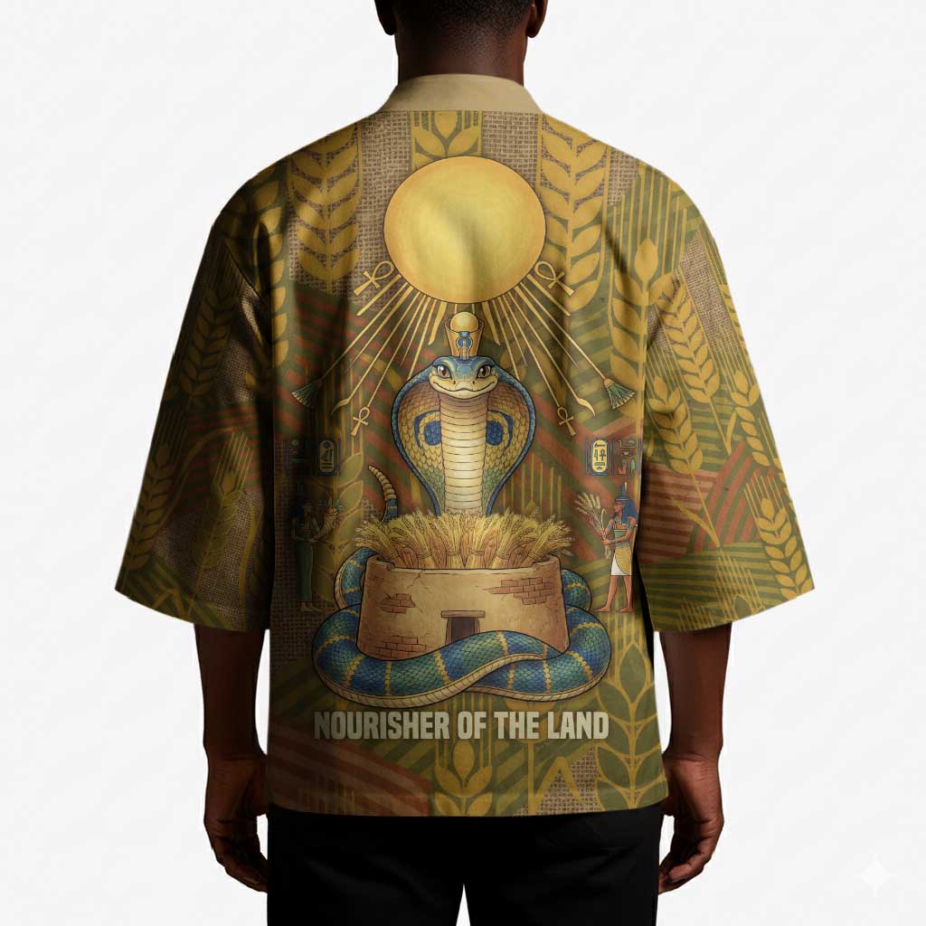 Renenutet  Golden Cobra Kimono with Wheat Motif in Egyptian Agricultural Theme