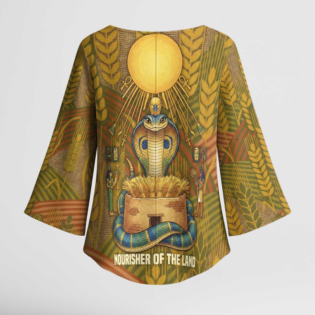 Renenutet  Golden Cobra Kimono Sleeve Blouse with Wheat Motif in Egyptian Agricultural Theme