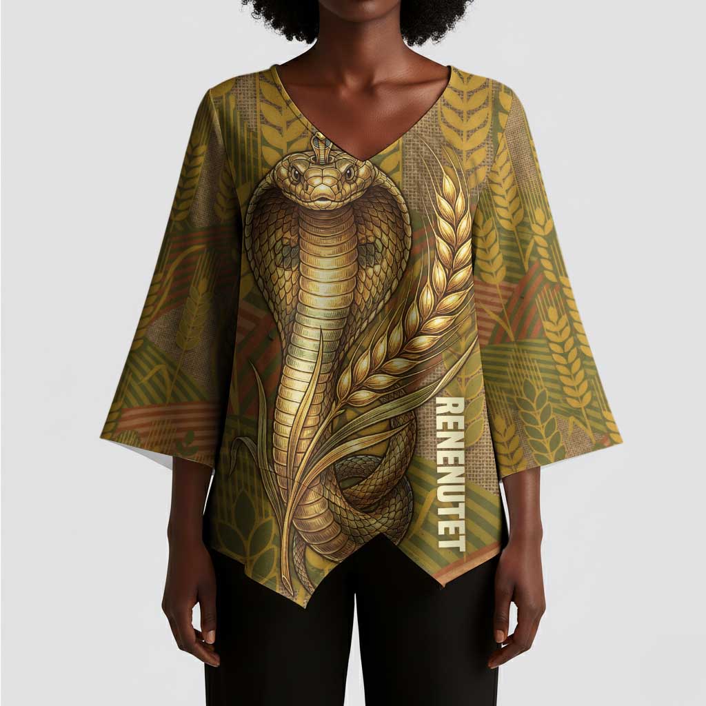 Renenutet  Golden Cobra Kimono Sleeve Blouse with Wheat Motif in Egyptian Agricultural Theme