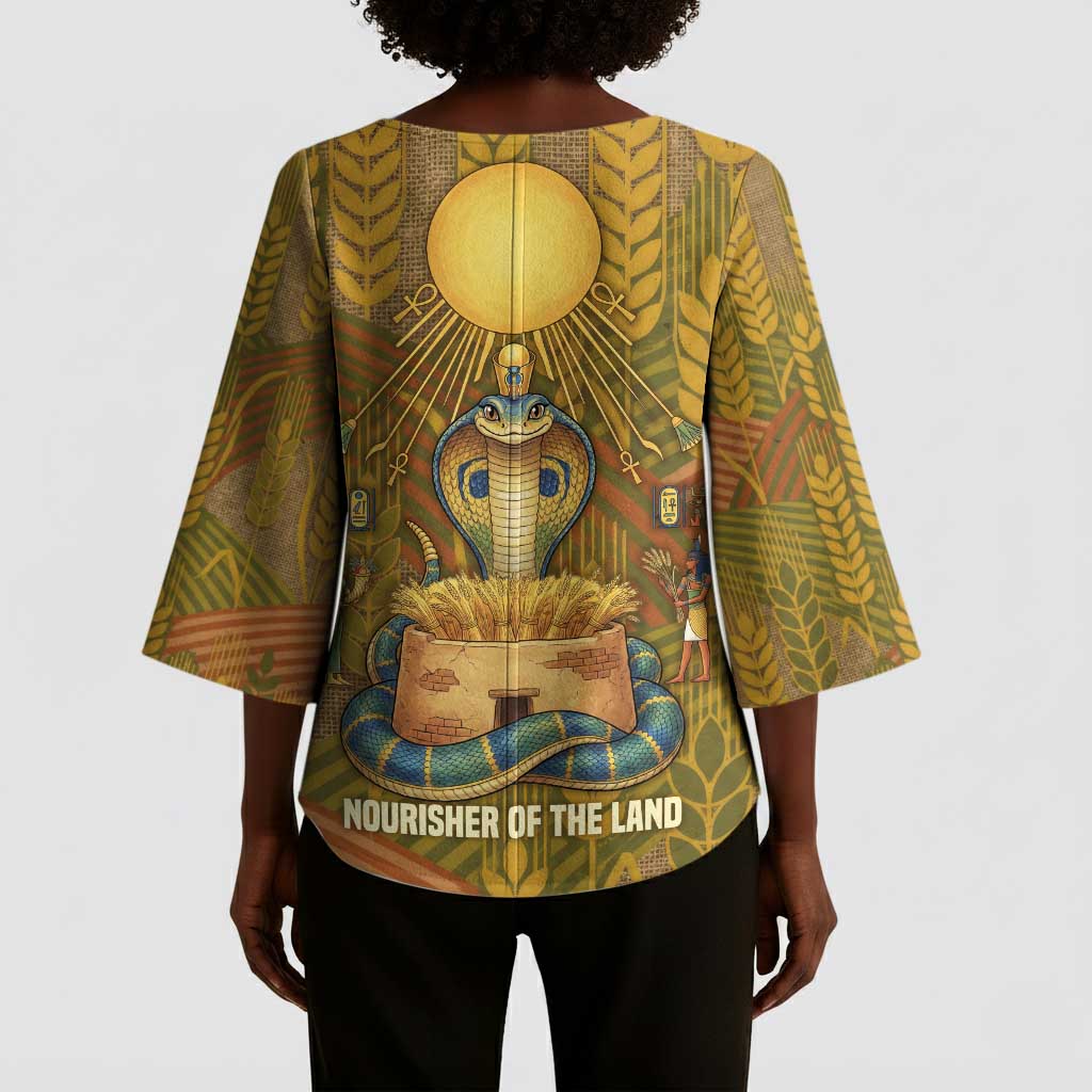 Renenutet  Golden Cobra Kimono Sleeve Blouse with Wheat Motif in Egyptian Agricultural Theme