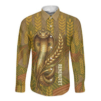 Renenutet  Golden Cobra Long Sleeve Button Shirt with Wheat Motif in Egyptian Agricultural Theme