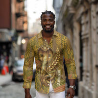 Renenutet  Golden Cobra Long Sleeve Button Shirt with Wheat Motif in Egyptian Agricultural Theme