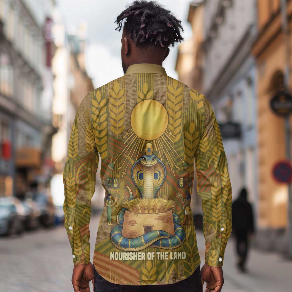 Renenutet  Golden Cobra Long Sleeve Button Shirt with Wheat Motif in Egyptian Agricultural Theme