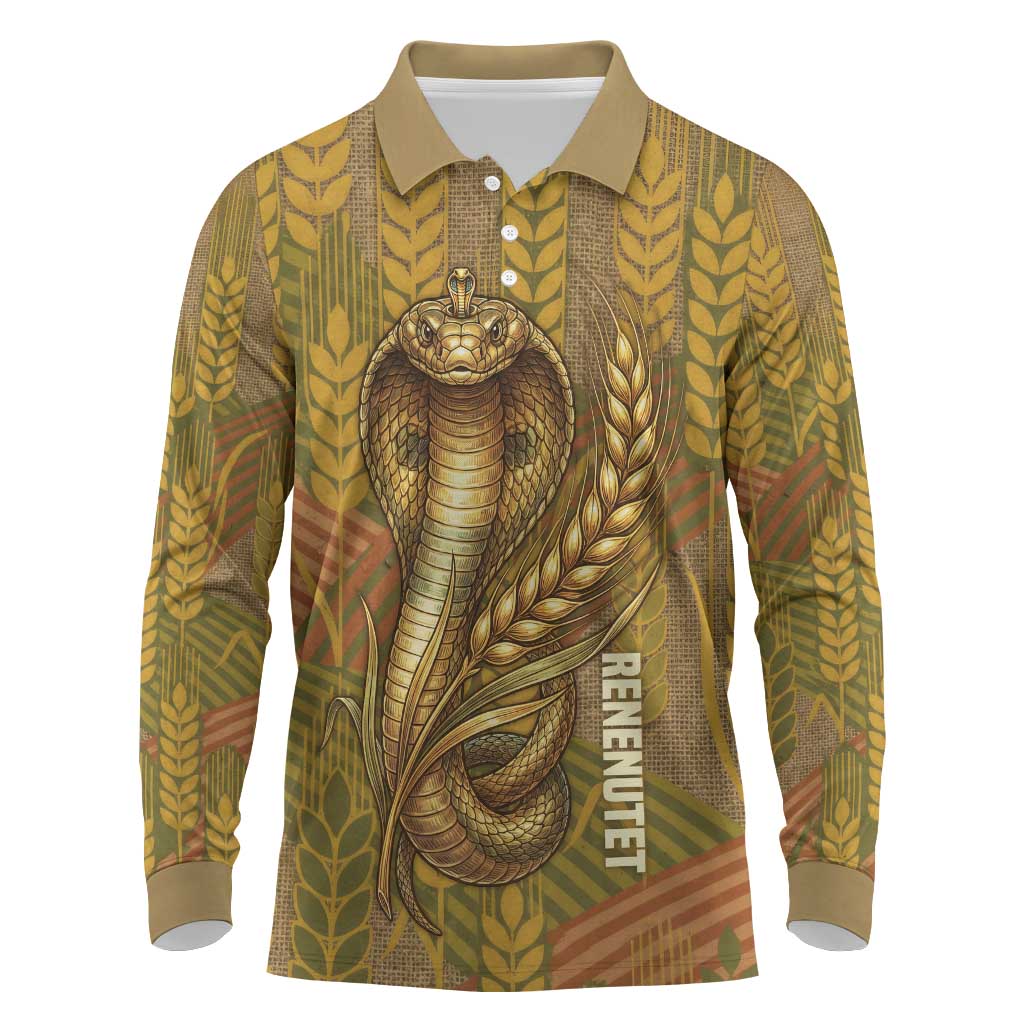 Renenutet  Golden Cobra Long Sleeve Polo Shirt with Wheat Motif in Egyptian Agricultural Theme
