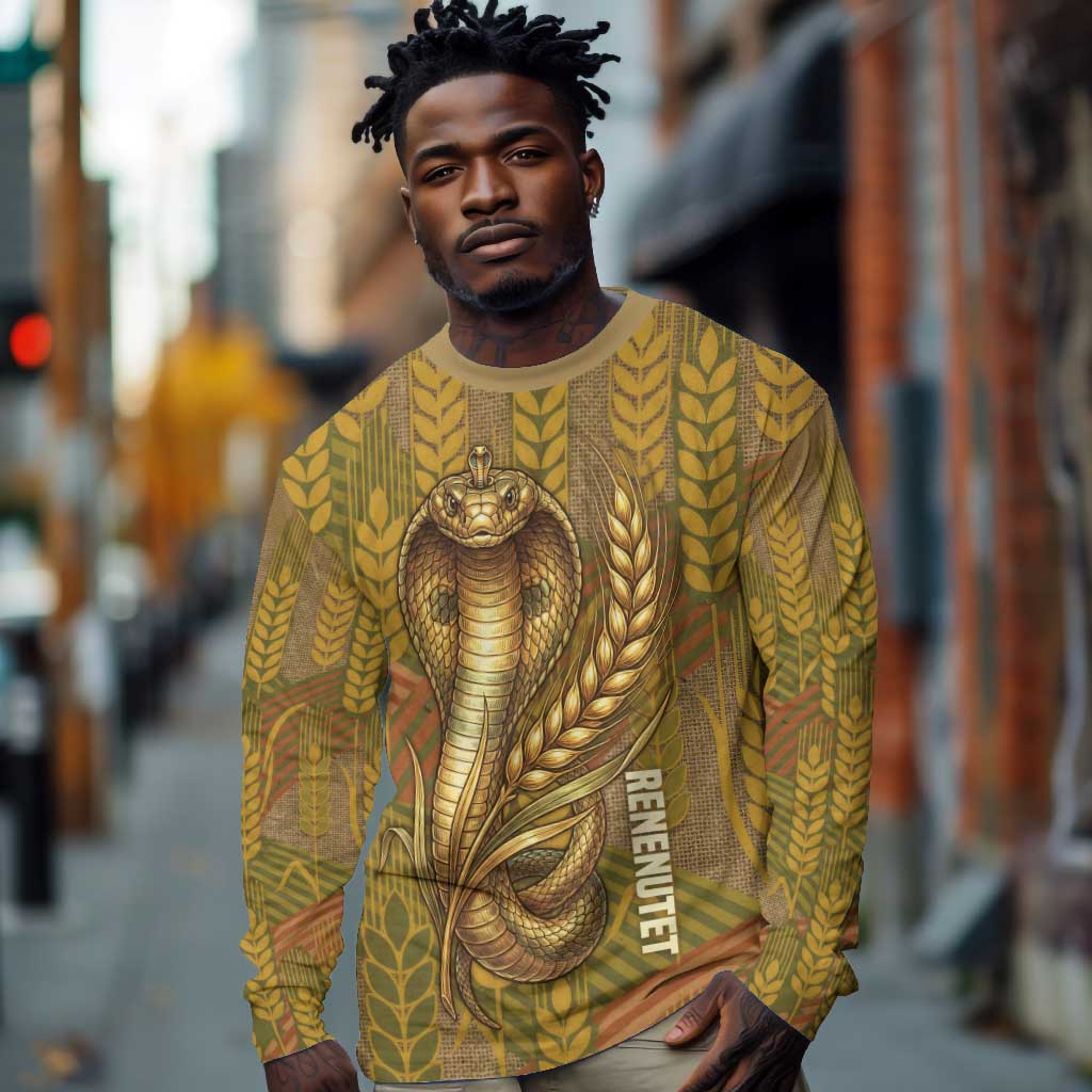 Renenutet  Golden Cobra Long Sleeve Shirt with Wheat Motif in Egyptian Agricultural Theme
