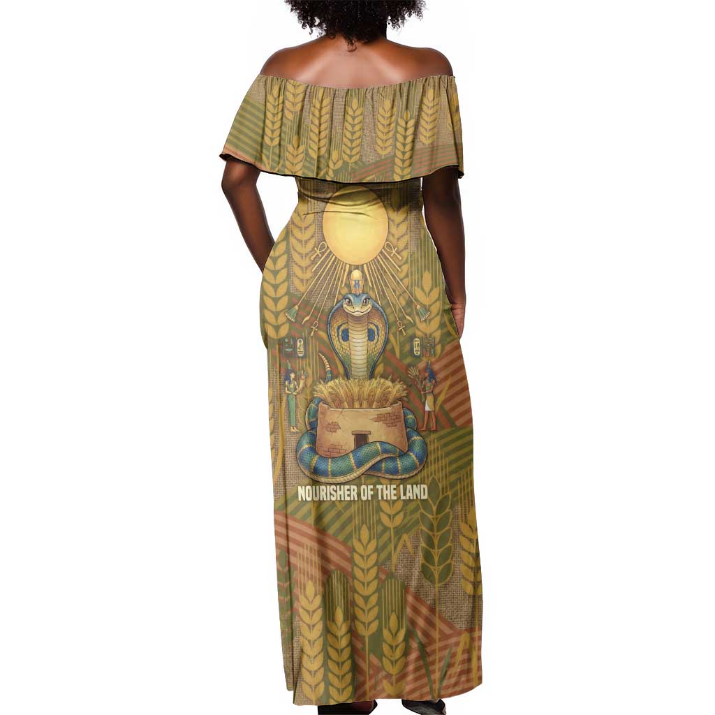 Renenutet  Golden Cobra Off Shoulder Maxi Dress with Wheat Motif in Egyptian Agricultural Theme