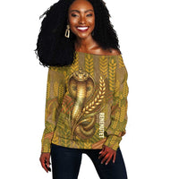 Renenutet  Golden Cobra Off Shoulder Sweater with Wheat Motif in Egyptian Agricultural Theme