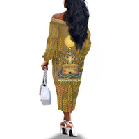 Renenutet  Golden Cobra Off The Shoulder Long Sleeve Dress with Wheat Motif in Egyptian Agricultural Theme