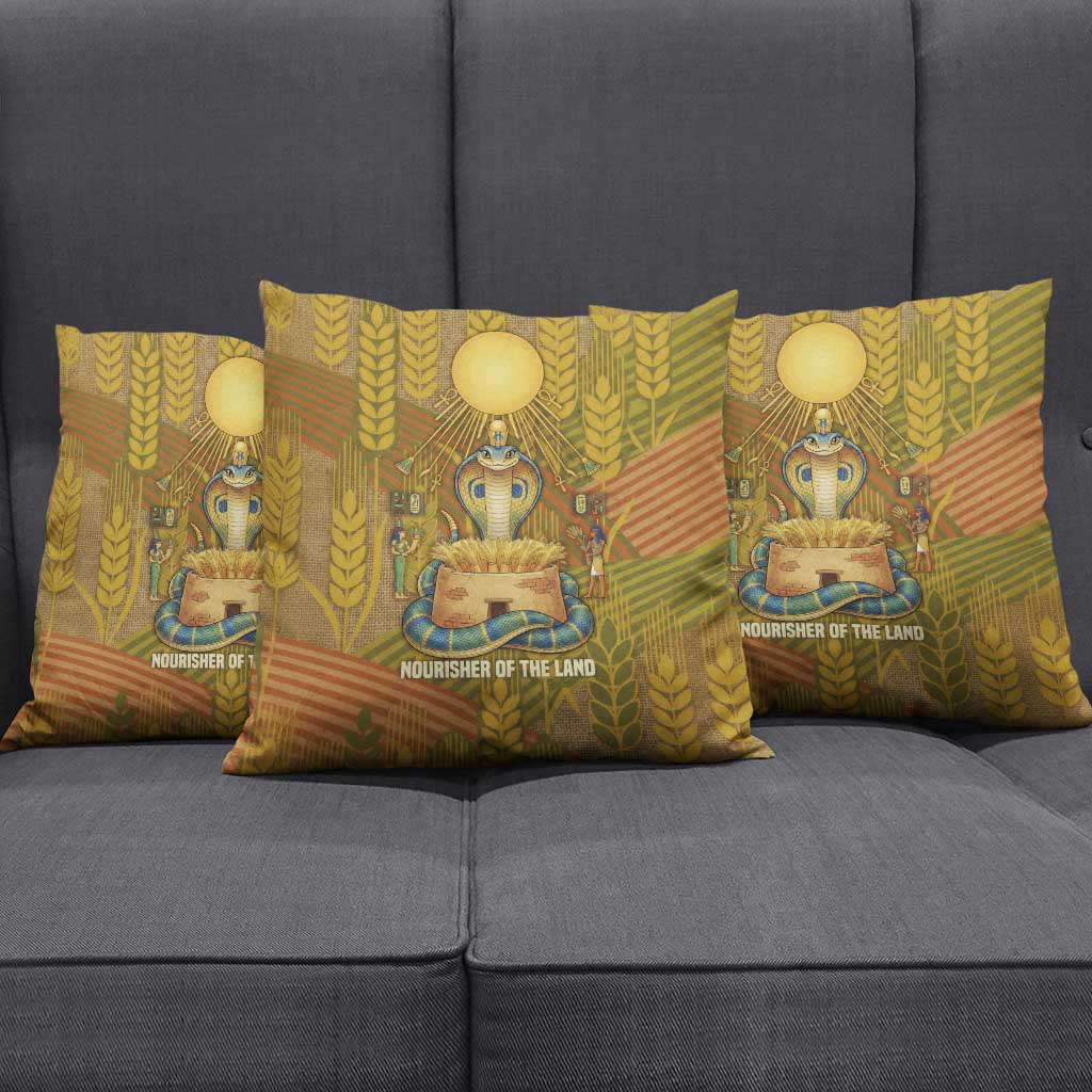Renenutet  Golden Cobra Pillow Cover with Wheat Motif in Egyptian Agricultural Theme