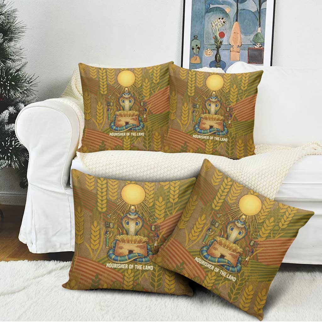 Renenutet  Golden Cobra Pillow Cover with Wheat Motif in Egyptian Agricultural Theme