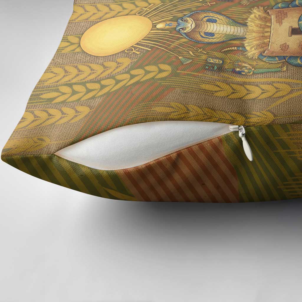 Renenutet  Golden Cobra Pillow Cover with Wheat Motif in Egyptian Agricultural Theme