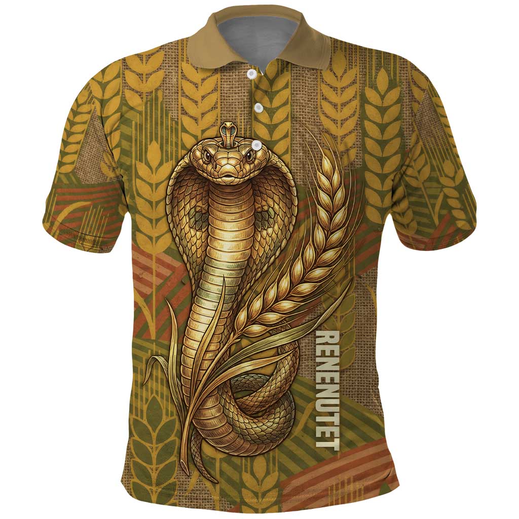 Renenutet  Golden Cobra Polo Shirt with Wheat Motif in Egyptian Agricultural Theme