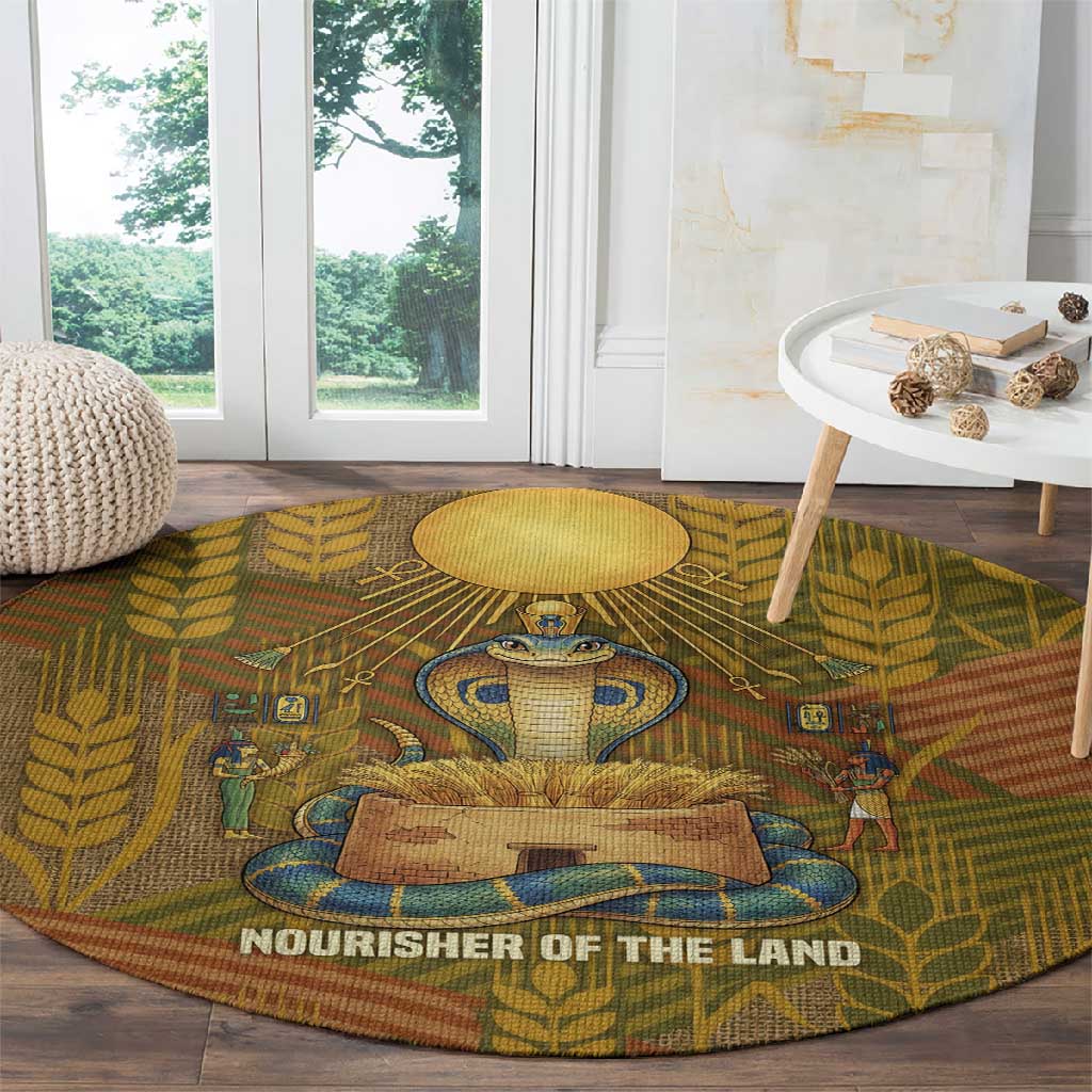 Renenutet  Golden Cobra Round Carpet with Wheat Motif in Egyptian Agricultural Theme