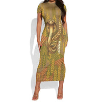 Renenutet  Golden Cobra Short Sleeve Bodycon Dress with Wheat Motif in Egyptian Agricultural Theme
