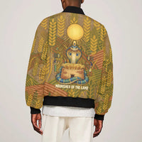 Renenutet  Golden Cobra Sleeve Zip Bomber Jacket with Wheat Motif in Egyptian Agricultural Theme