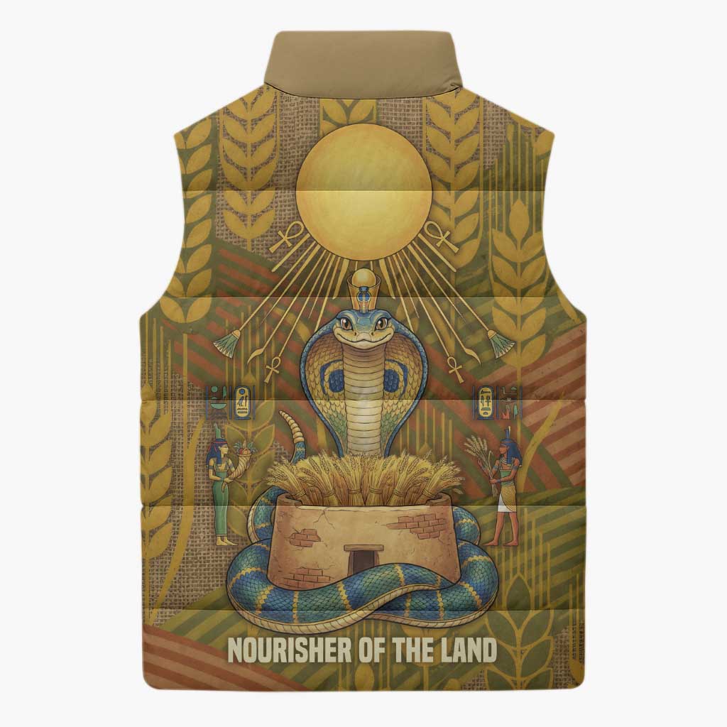 Renenutet  Golden Cobra Sleeveless Puffer Jacket with Wheat Motif in Egyptian Agricultural Theme