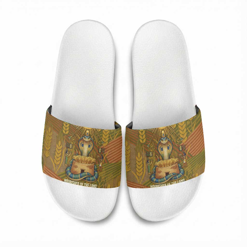 Renenutet  Golden Cobra Slide Sandals with Wheat Motif in Egyptian Agricultural Theme