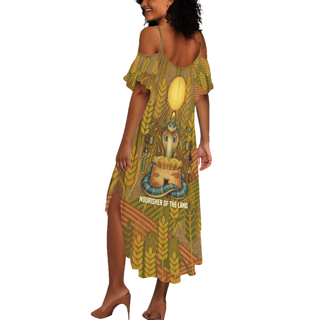 Renenutet  Golden Cobra Summer Maxi Dress with Wheat Motif in Egyptian Agricultural Theme
