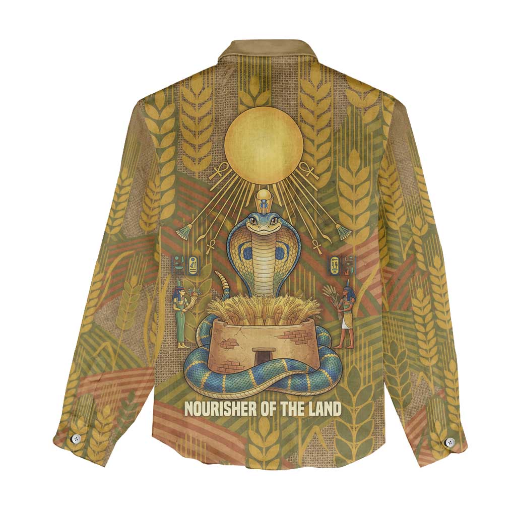 Renenutet  Golden Cobra Women Casual Shirt with Wheat Motif in Egyptian Agricultural Theme