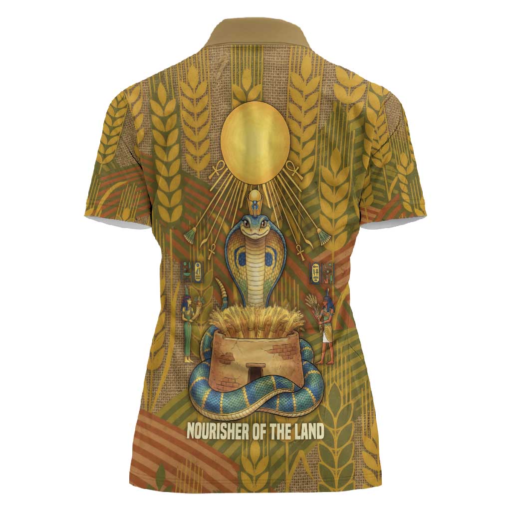 Renenutet  Golden Cobra Women Polo Shirt with Wheat Motif in Egyptian Agricultural Theme