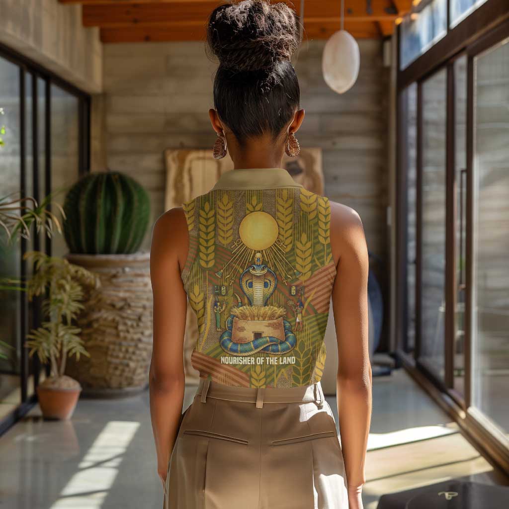 Renenutet  Golden Cobra Women Sleeveless Polo Shirt with Wheat Motif in Egyptian Agricultural Theme