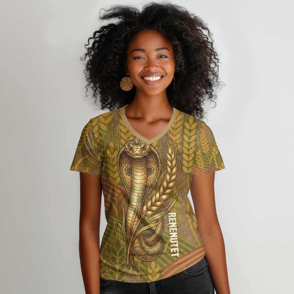 Renenutet  Golden Cobra Women V-Neck T-Shirt with Wheat Motif in Egyptian Agricultural Theme