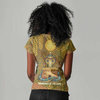 Renenutet  Golden Cobra Women V-Neck T-Shirt with Wheat Motif in Egyptian Agricultural Theme