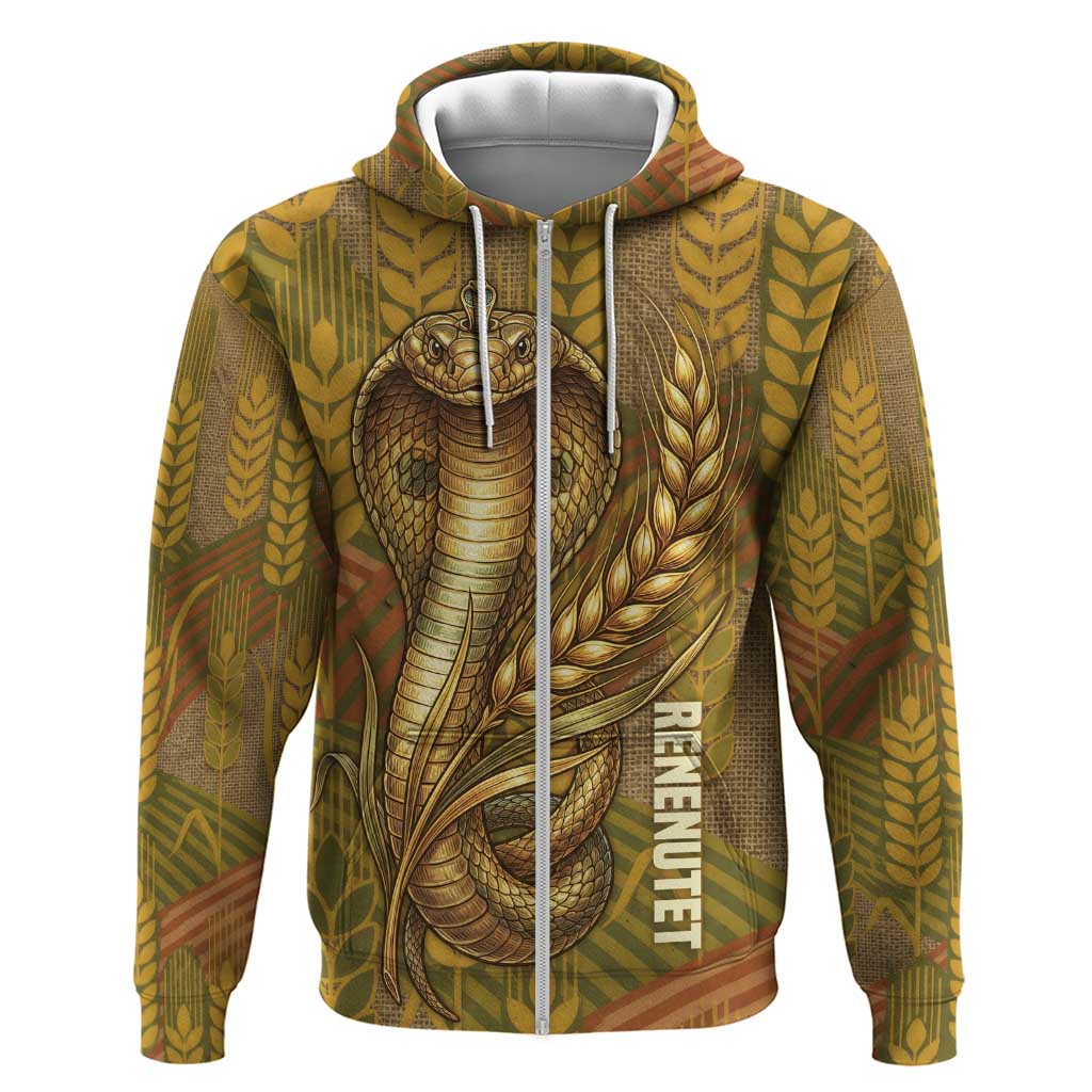 Renenutet  Golden Cobra Zip Hoodie with Wheat Motif in Egyptian Agricultural Theme