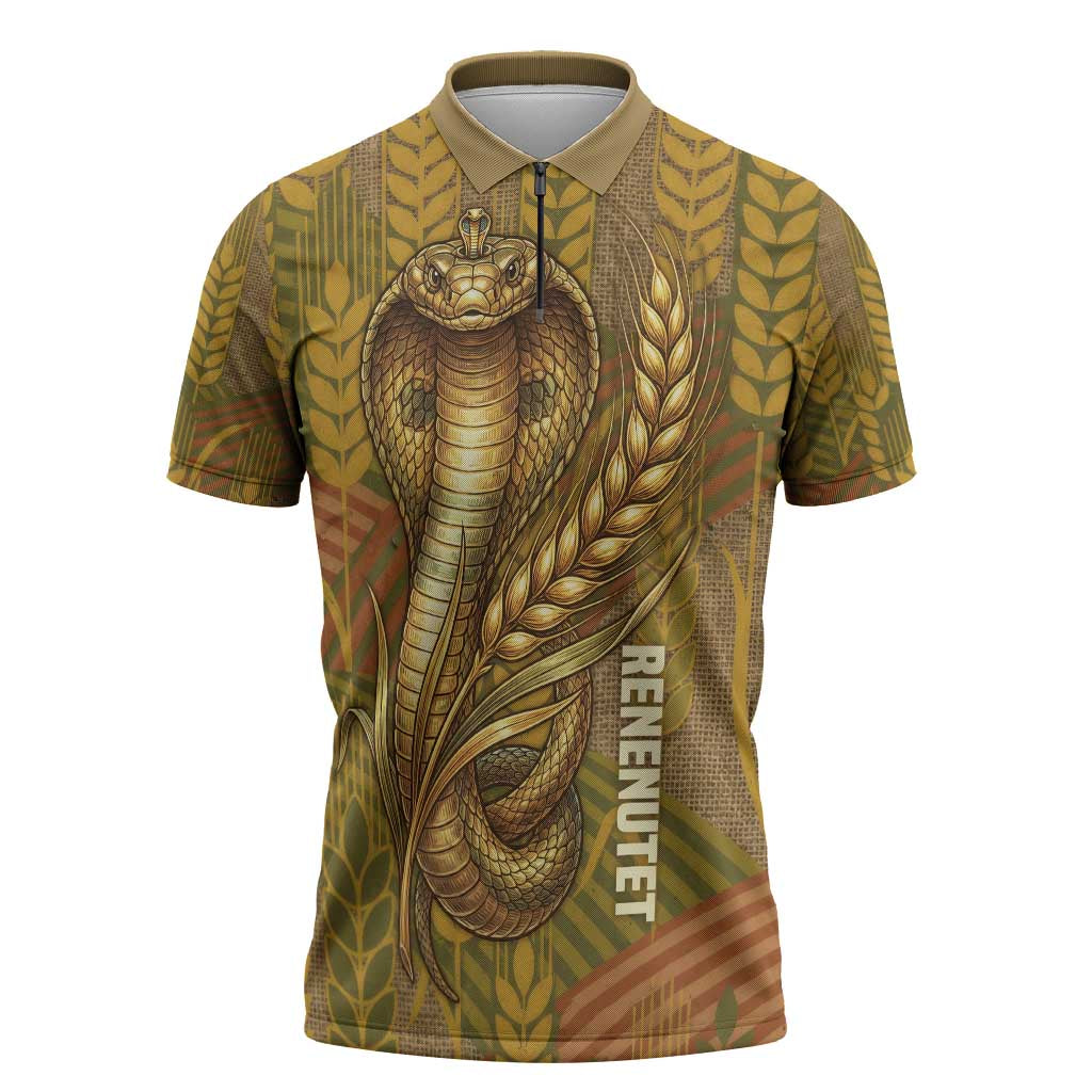 Renenutet  Golden Cobra Zipper Polo Shirt with Wheat Motif in Egyptian Agricultural Theme