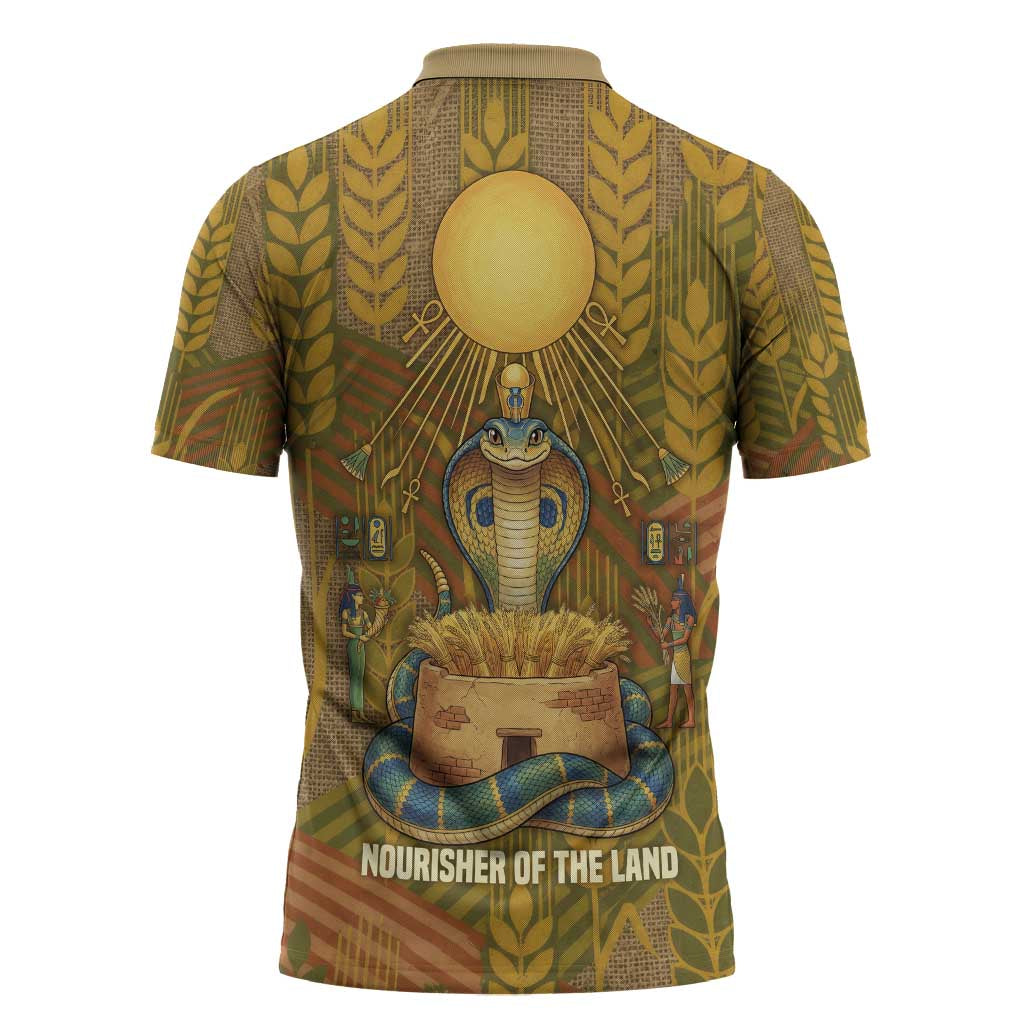 Renenutet  Golden Cobra Zipper Polo Shirt with Wheat Motif in Egyptian Agricultural Theme