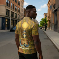 Renenutet  Golden Cobra Zipper Polo Shirt with Wheat Motif in Egyptian Agricultural Theme