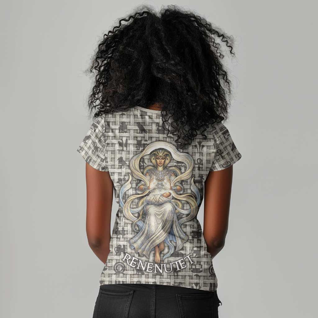 Renenutet Women V-Neck T-Shirt with Bread Ring and Eye of Horus in Egyptian Nourishment
