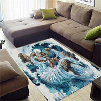 Satis Water Torrent Area Rug with Egyptian Flood Symbolism in Oceanic Blue Tones