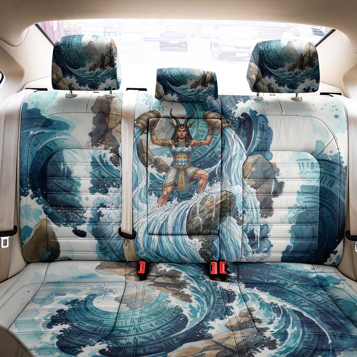 Satis Water Torrent Back Car Seat Cover with Egyptian Flood Symbolism in Oceanic Blue Tones