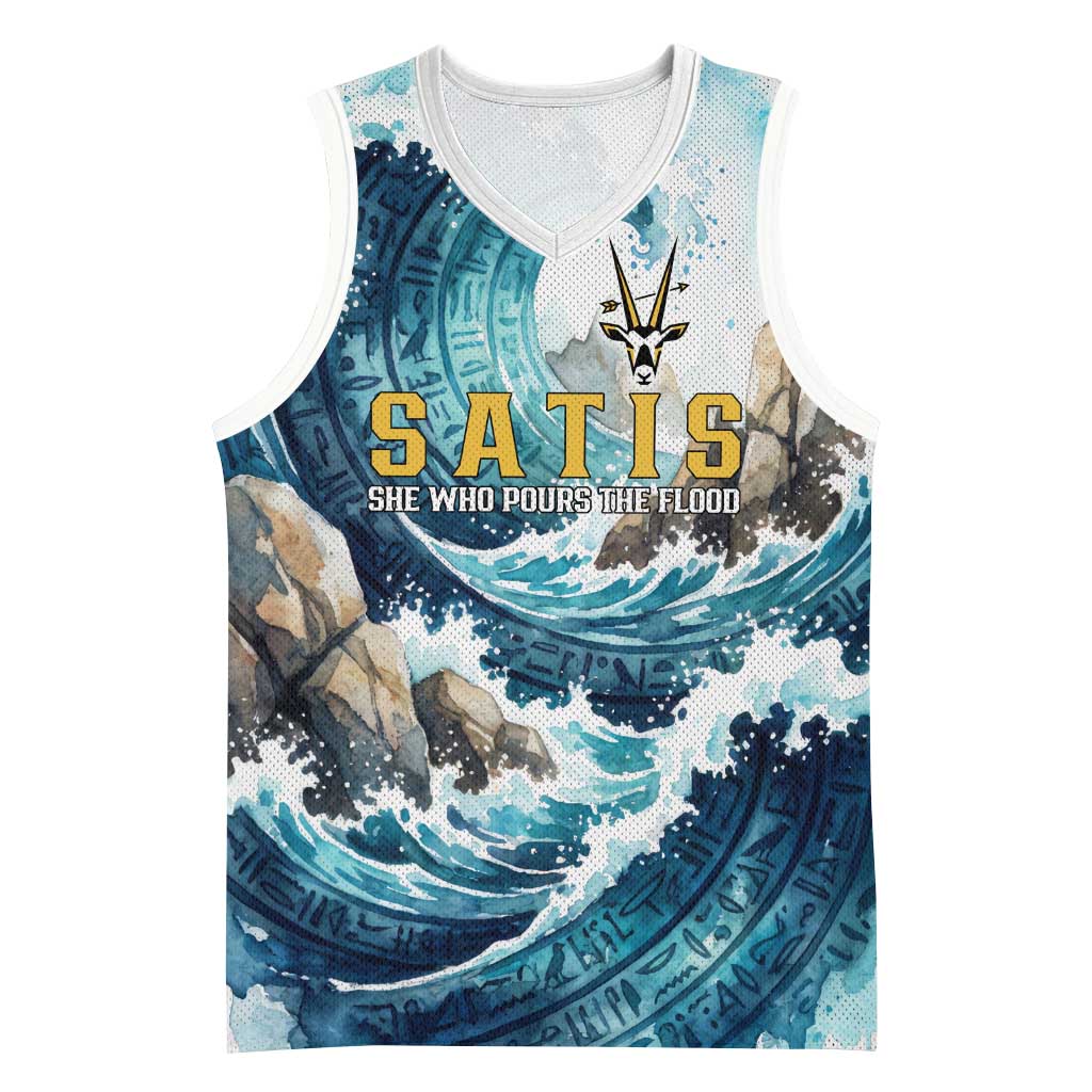 Satis Water Torrent Basketball Jersey with Egyptian Flood Symbolism in Oceanic Blue Tones