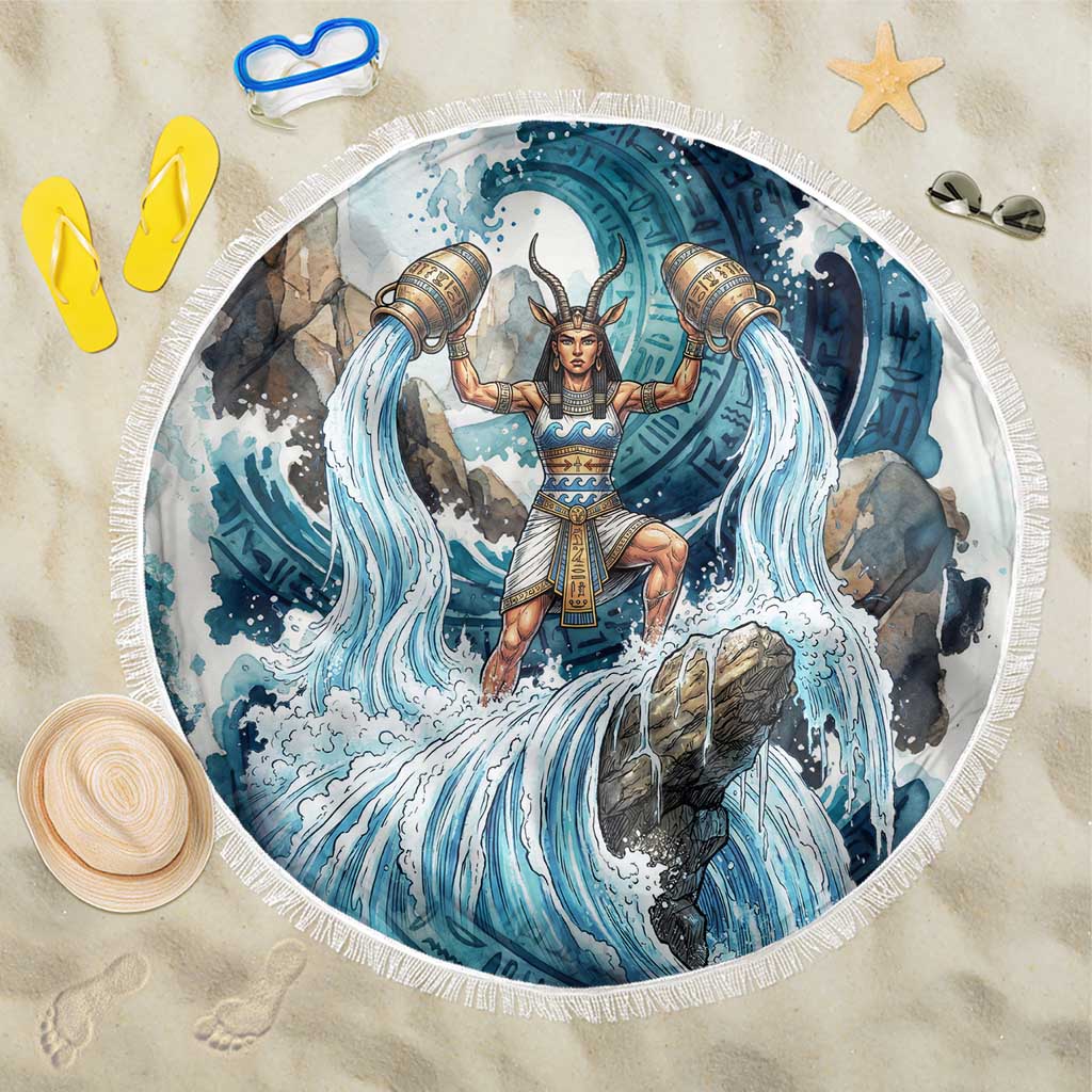 Satis Water Torrent Beach Blanket with Egyptian Flood Symbolism in Oceanic Blue Tones
