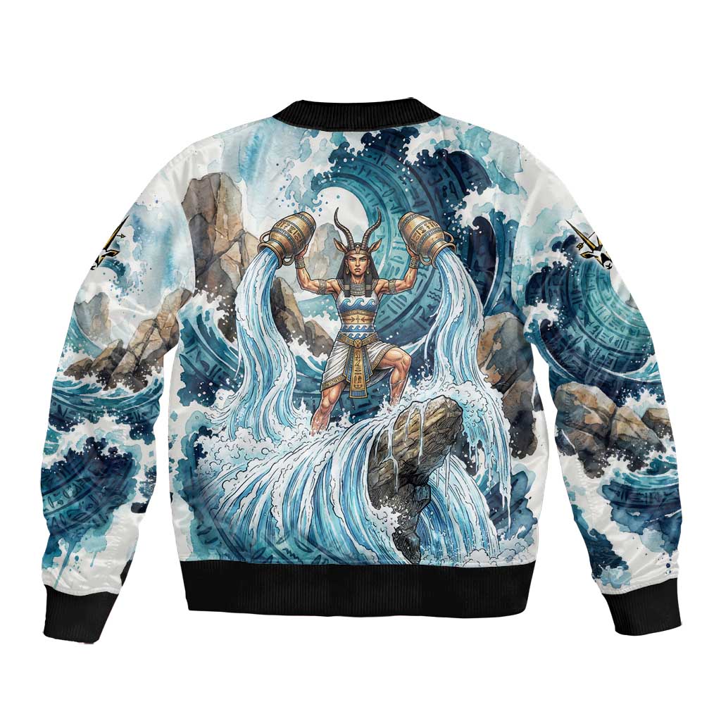 Satis Water Torrent Bomber Jacket with Egyptian Flood Symbolism in Oceanic Blue Tones