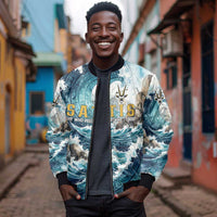 Satis Water Torrent Bomber Jacket with Egyptian Flood Symbolism in Oceanic Blue Tones