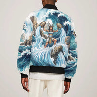 Satis Water Torrent Bomber Jacket with Egyptian Flood Symbolism in Oceanic Blue Tones
