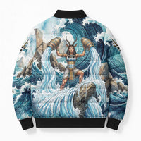 Satis Water Torrent Bomber Puffer Jacket with Egyptian Flood Symbolism in Oceanic Blue Tones