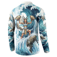 Satis Water Torrent Button Sweatshirt with Egyptian Flood Symbolism in Oceanic Blue Tones