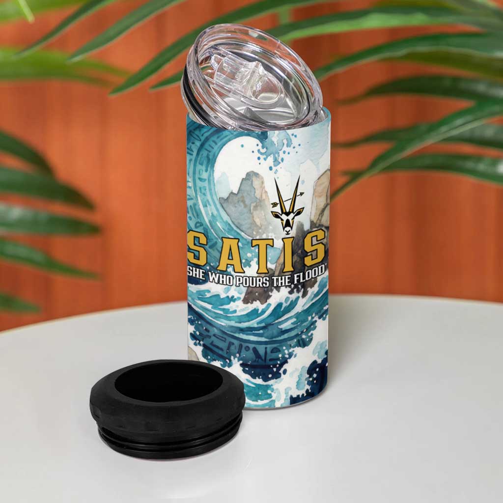 Satis Water Torrent 4 in 1 Can Cooler Tumbler with Egyptian Flood Symbolism in Oceanic Blue Tones