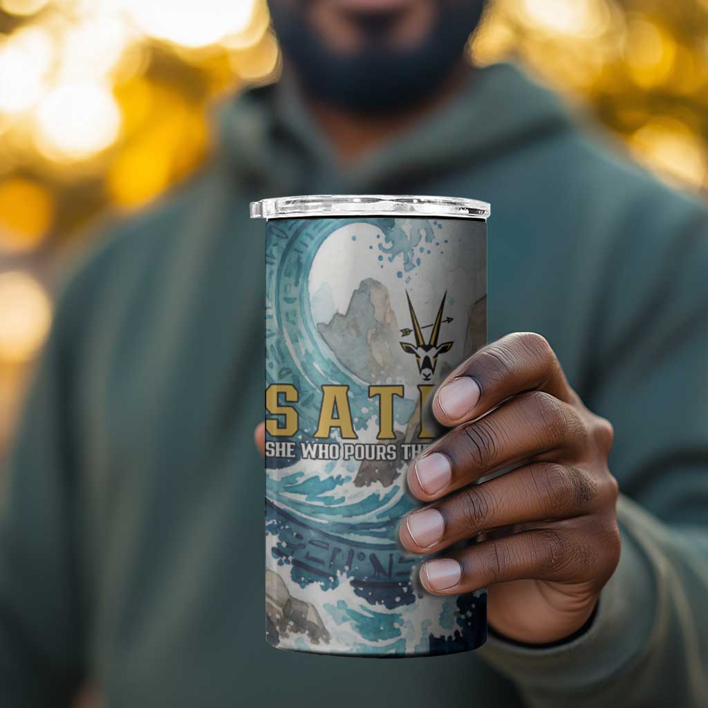 Satis Water Torrent 4 in 1 Can Cooler Tumbler with Egyptian Flood Symbolism in Oceanic Blue Tones