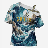 Satis Water Torrent Cross Shoulder Shirt with Egyptian Flood Symbolism in Oceanic Blue Tones